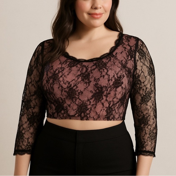 Vixen by Micheline Pitt Lace Crop Top XL NWT Pink Black Romantic Pinup Retro - Picture 1 of 8